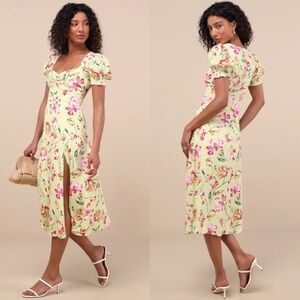 Lulus Parisian Picnic Green Floral Jacquard Puff Sleeve Midi Dress Front Slit L